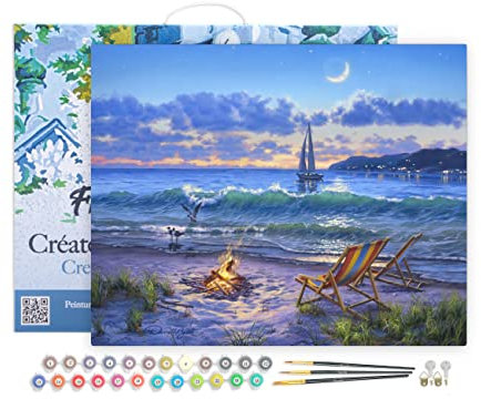 Figured'Art Malen Nach Zahlen Erwachsene Mit Rahmen Abendlicher Strandausblick - Paint by Numbers Basteln DIY Bastelset 40x50cm Leinwand gespannt auf Holzrahmen