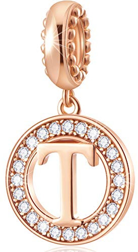 CHAWIN Buchstabe A-Z Alphabet Charms Rosegold echt 925 Sterling Silber passend für Pandora Armbänder Halskette Anhänger Kreis Anhänger für Frauen Mädchen Stein, Zirkonia