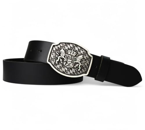FRONHOFER Trachtengürtel mit Bayernschnalle, Wappen und Löwen, 18087, Größe:Körperumfang 125 cm/Gesamtlänge 140 cm, Farbe:Schwarz