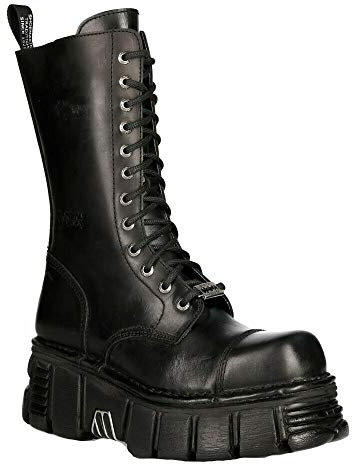 Stivali Unisex New Rock M-MILI211C-C1 in 100% Vera Pelle Nera Techno Metallizzati con Lacci da Motociclista 6