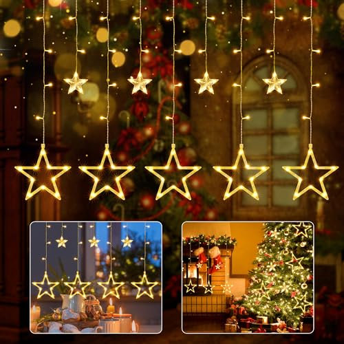 iShabao Lichterkette Sterne Strom 138 LED Weihnachtsbeleuchtung Fenster, 2.4x1m Lichtervorhang Fenster Weihnachten mit 12er Sterne, Lichterkette Innen Sterne mit Timer für Weihnachtsdeko (Warmweiß)