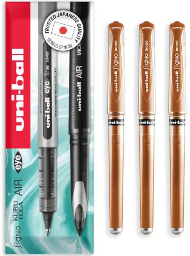 uni-ball Signo Pen - UM-153 Broad Metallic Gel Ink Rollerball - Metal 1.0mm Tip Nib - Rubber Grip - In Envelope Gift Packaging (Pack of 3, Bronze)