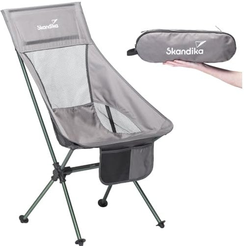 Skandika Campingstuhl Compact bis 150 kg belastbar | Camping Stuhl, Anglerstuhl, klein, faltbar, kleines Packmaß, klappbar, stabil, leicht, bequem gepolstert | Faltstuhl, Klappstuhl (grau/grün)