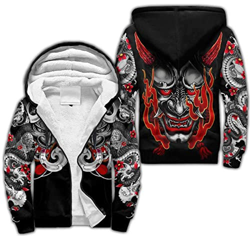 BBYOUTH Japanischer Samurai Drache Tattoo Zip Hoodie, 3D-Druck Herbst Winter Trainingsanzug Warme Fleece Jacke (US-Größe),Samurai mask,M