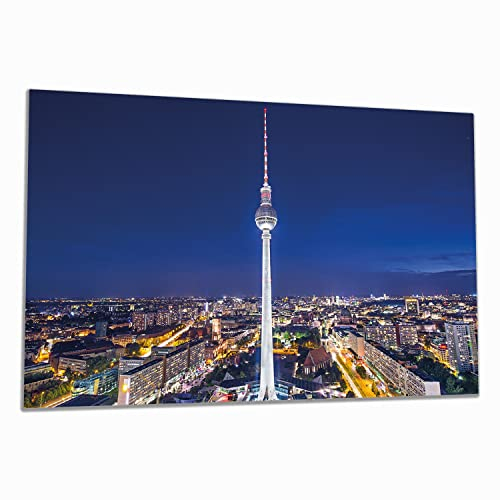 Wallario Herdabdeckplatte/Spritzschutz aus Glas, 1-teilig,90x52cm mit 8mm hohen Füßen, für Ceran- und Induktionsherde, Fernsehturm Berlin bei Nacht