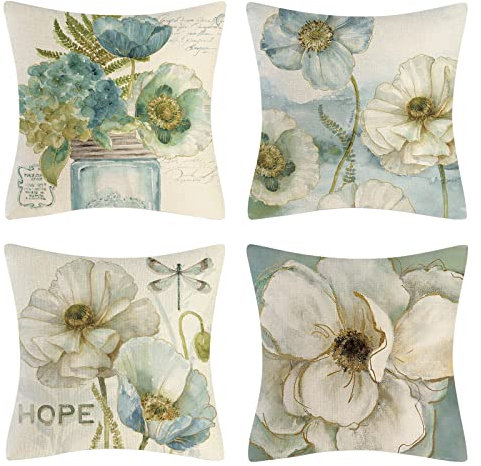 OCEUMACO Leinen Kissenbezug 40x40 Türkis Muster Kissenhülle 4er Set Quadratisch Dekokissen Sofakissen Bezug für Couch Beige Grün Blumen Kissen Kissenbezüge Deko Zierkissen Couchkissen Outdoor