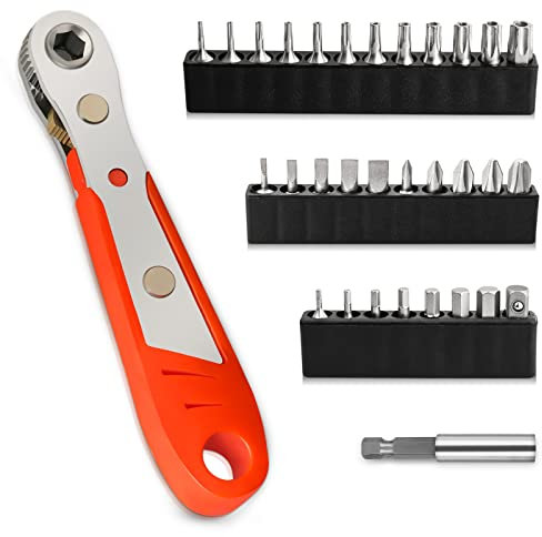 Hakkin 32Pcs Mini Ratchet Wrench Magnetic Offset Screwdriver S2 Steel 1/4 Drive High Torque Reversible Mini Ratcheting Screwdriver Set Slotted, Phillips, Torx, Hex