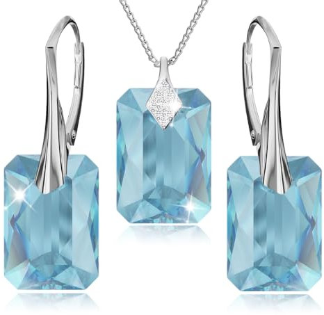 Schmuckset für Damen Ohrringe Silber 925 Hängend Rechteckig - Kette Damen mit Anhänger - Schmuck Set für Sie mit Kristallen - Ohrringe Hängend und Halskette Mädchen Geschenk Frauen (Aquamarine)