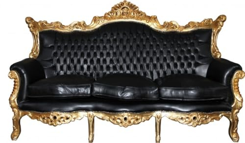 Casa Padrino Barock 3er Sofa Master Schwarz/Gold Lederoptik Mod2 - Limited Edition - Wohnzimmer Couch Möbel Lounge