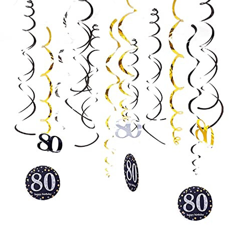 80.Geburtstag deko, 80. Geburtstag Party Hanging Swirls Streams Deckendekorationen 12 Stücke Geburtstag Hängedeko Deckenhänger Spiral Girlanden Schwarz Gold Geburtstag Hängend Wirbel Dekoration