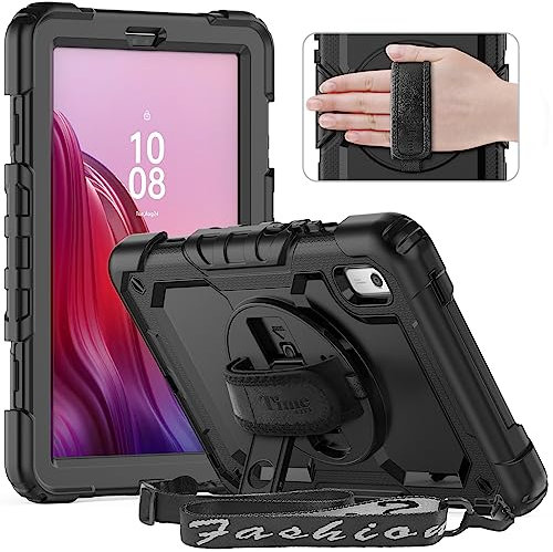 Timecity Hülle für Lenovo Tab M9 HD 9 Zoll (TB310FU) 2023, Stoßfeste Schutzhülle mit Displayschutz Handschlaufe Schultergurt 360°-Drehbarer-Ständer Stifthalter für Lenovo Tab M9 - Schwarz