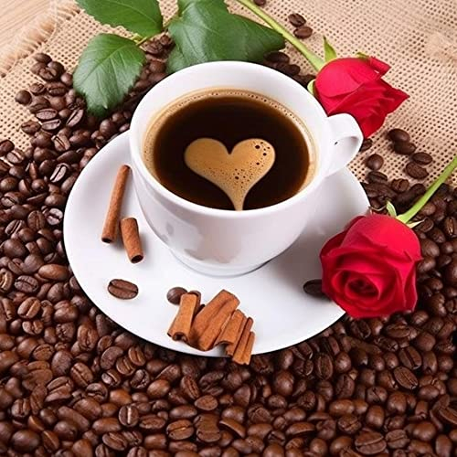 Bimkole 5D Diamond Painting DIY Kits Tasse À Café, Grains De Café Et Roses Broderie Diamant Kits De Broderie Au Point De Croix Strass Rond Résine Peinture Décor à La Maison 30X30 cm