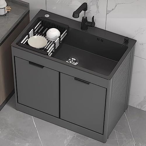 FACSER Fregadero Negro Exterior con Taquilla - Para Cocina, Restaurante, Garaje, Jardín, Bar, Comercial (90x45cm)