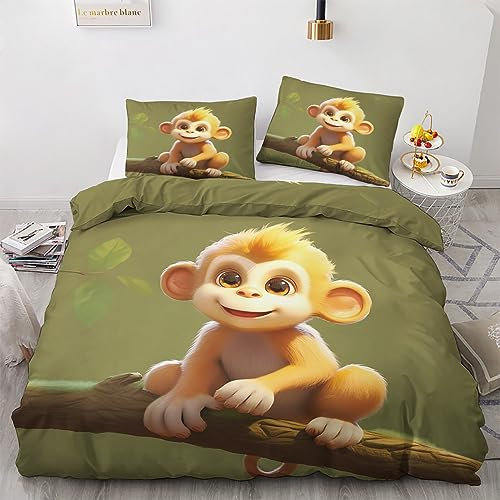 Generisch Bettwäsche 135x200 Affen - Kinder Mädchen Jungen Bettbezug, Bettwäsche-Sets 2 teilig, Weich & Bügelfrei Mikrofaser Wendebettwäsche und 1 Kissenbezug 80x80 mit Reißverschlus L7-&-147