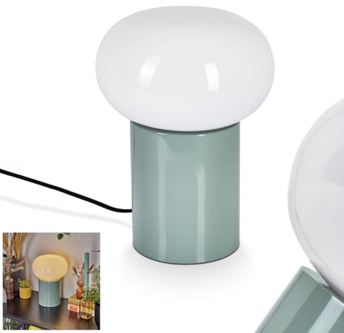 Tischleuchte Tati, moderne Nachttischlampe aus Metall/Glas in Türkis/Weiß, runde Tischlampe im Retro-/Vintage Design, Ø 20cm, Höhe 27cm, mit An-/Ausschalter am Kabel, 1 x E27, ohne Leuchtmittel