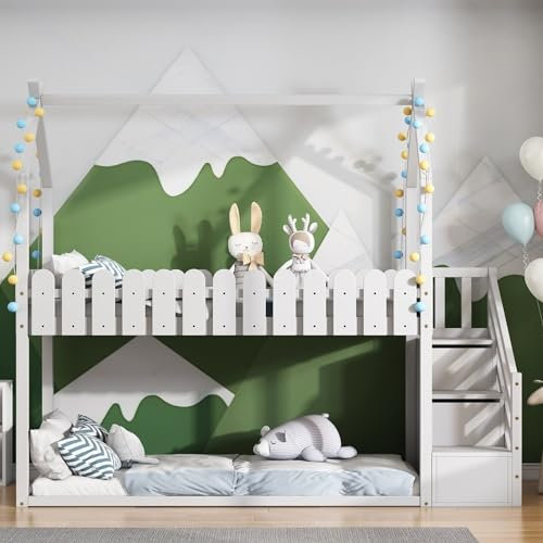 KnSam Hausbett mit 3 Treppe, mit 2 Schubladen, Zaun, Etagenbett, Kinderbett Bettgestell Hochbett, Weiß