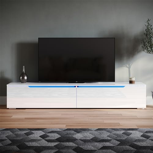SONNI Mueble TV con Luz LED Regulables de 12 Colores,Mueble de Salón Blanco 180x35x30cm