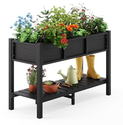LUE BONA Hochbeet mit Werkzeugen, 113 x 45 x 73cm, HDPS - Hochbeetkasten mit Beinen und Ablagefach, wetterbeständig, 3 Jahre Garantie, für Kraut - & Gemüseanbau, Garten, Balkon, schwarz