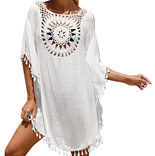 Strandkleid Damen - Häkeln Bikini Cover Up Damen Strandtunika Sexy Badeanzug Sommer Strandponcho Boho Kleid mit Quasten Kurz Sommerkleid Strandurlaub Bademode Pareos & Strandkleider für Damen
