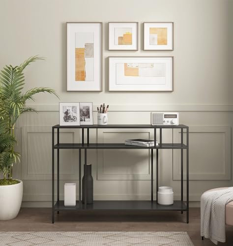 Hallowood Furniture Bewdley Large Black Metal Display Unit with 2 Shelves, 110cm Modern Radiator Table, Slim Console Tables for Living Room, Minimalist Hallway Furniture Shelving Unit