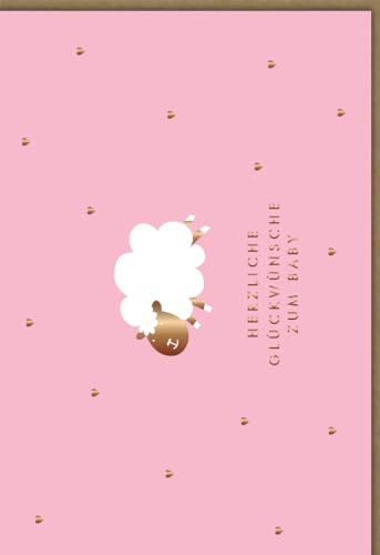 Personalisierte Geburtskarte für Mädchen, Rosa mit Goldfolien-Details, Schäfchen-Motiv und Herzlichen Glückwunsch zum Baby - mit Umschlag
