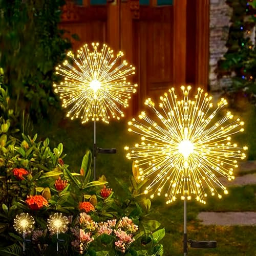 Micacorn Dandelion Solar Fireworks Lights Outdoor Waterproof - 2Pack 8 Modes Copper Wire LED Garden Stake Lights for Patio Yard Pathway Christmas Wedding Party Decor