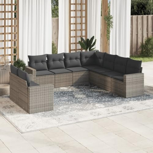 ULUYYUC 9-TLG. Garten-Sofagarnitur, Eckbankgruppe Eckbank Küche Bodensofa Gartenbank Geeignet für Außenbereich Balkon Garten Hinterhof mit Kissen Grau Poly Rattan