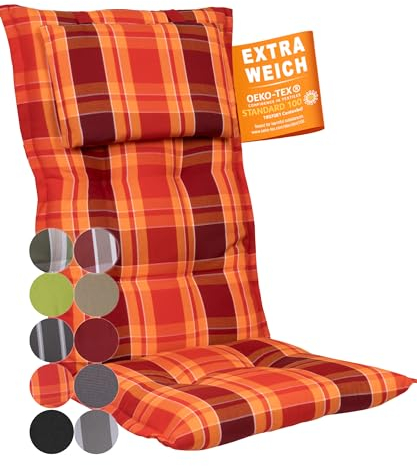 gardisun Gartenstuhlauflagen Hochlehner mit Kopfteil I Extra Dicke Sitzauflagen I Made in Europe I Ideale Polsterauflagen für Hochlehner I Auflagen mit extra hoher Lichtechtheit 1er Set Rot kariert
