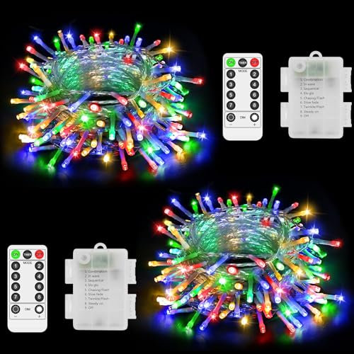 2 Pack Total 20M 200 LED Fairy Lights Battery Operated Clear Wire String Lights Outdoor Christmas Lights with Remote Timer 8 Modes for Outside Garden Indoor Bedroom Decor-Multicolor