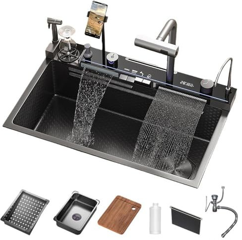 Lavello da Cucina, Due cascate Raindance, In acciaio Inossidabile 304, Set di Lavelli Domestici, Integrato con Rubinetto Rimovibile (75×46×22cm)