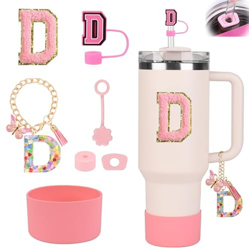 Stanley Cup Accessories Set for Stanley Cup 30oz 40oz, Stanley Tumbler Accessories Including Silicone Straw Cover Cap and Boot, Spill Proof Stopper, Cute Letter Keychain Handle Charm, Sticker (D)