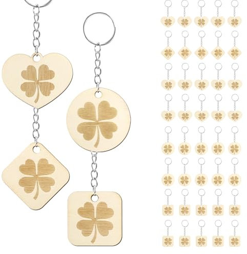LAMEK 40 Stück Kleeblatt Holz Schlüsselanhänger Vierblättrige Anhänger Glücksklee Glücksbringer Kleeblätter Holzanhänger Glück Geschenke für Einschulung Kindergeburtstag Weihnachten