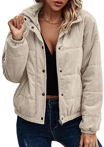 ASOMI Jacke Damen Winter Herbst Cordjacke Fleecejacke Causal Langarm Übergangsjacke Mode Mantel Reißverschluss Steppjacke Outwear mit Tasche 404 Beige 38A