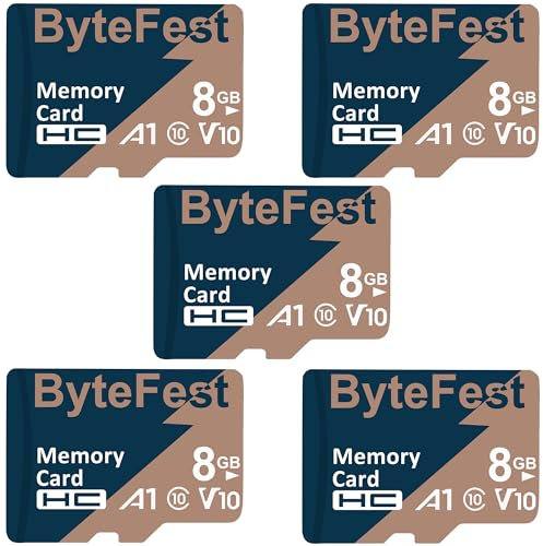ByteFest 5Pack 8GB MicroSD Card Class 10 with 5 Adapter, A1 V10 HD Video Micro SDHC,TF Memory Card for MP3 MP4 Player/E-Reader/Streaming Media Player/GPS Navigator/Dash Cam/Cellphone/Tablet