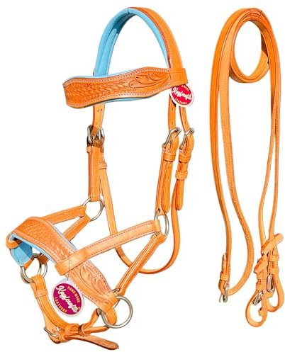 kayfcrafts Brida de cuero marrón vegetal sin puntas para caballo con acolchado de piel de vaca y riendas de cuero (azul, pony)