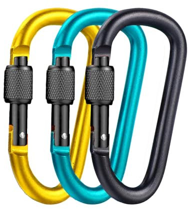 Aluminium Alloy Heavy Duty Clip Lock Carabiners, Multi-function Quick Clips, Set of 3, Yellow, Teal, Black