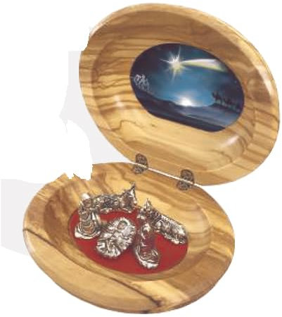 Generico COFANETTO in legno d' ulio, ovale con fondo smaltato, presepe formato dalla natività ed animali e stella cometa, in metallo. Decorazione natalizia artigianale.made in Italy (GRANDE)