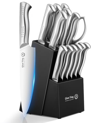 Qianying Messerset mit Block Edelstahl Küchenmesser Set: 14 Teilig Messer Set Messerblock mit Schärfer Silber Kochmesser Scharfe, Geschenk für Mama