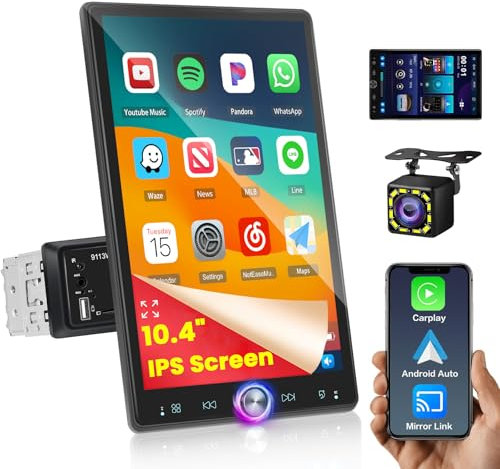 Hikity 10.4 Inch Autoradio Single DIN Carplay Giratorio Touchscreen Pantalla Táctil Radio de Coche Wireless Carplay Android Auto Bluetooth FM RDS EQ SWC Cámara de Marcha Atrás USB AUX