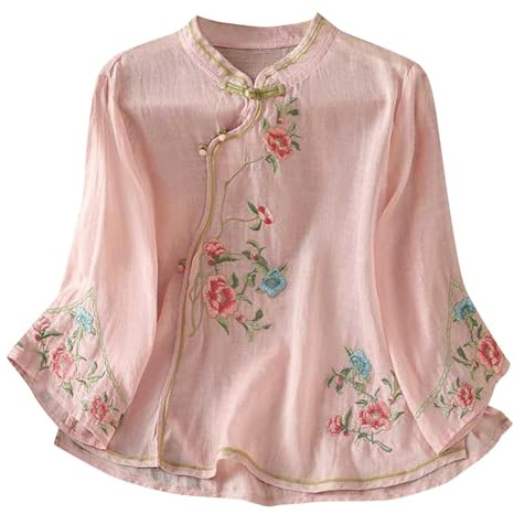 Cotton Linen Embroidered Shirt for Women UK Clearance Vintage Elegant Chinese-Style Shirts Floral Embroidery Blouses Summer 3/4 Sleeve Bohemian Tees Dressy Casual Boho Tops Y2k Streetwear