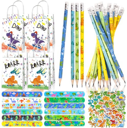 Ezydka Dino Mitgebsel Kindergeburtstag Pinata Party Give Aways Gastgeschenke Dinosaurier mitgebsel für Geburstag Geschenke Jungen(Bleistift, Geschenktüte, Sticker, Schnapparmband)