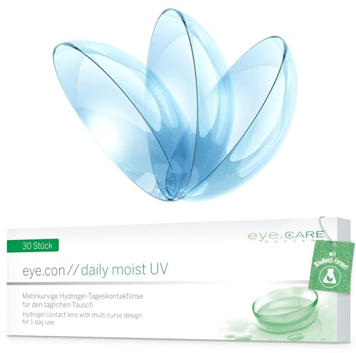 Eye.Con Daily Moist UV weiche Tageslinsen aus Hydrogel – 30 dailies Contact Lenses mit hoher Wasserbindung für empfindliche Augen. Mehrkurvige Kontaktlinsen. BC 8.6mm, DIA 14.3mm, -4.50 Dioptrien.