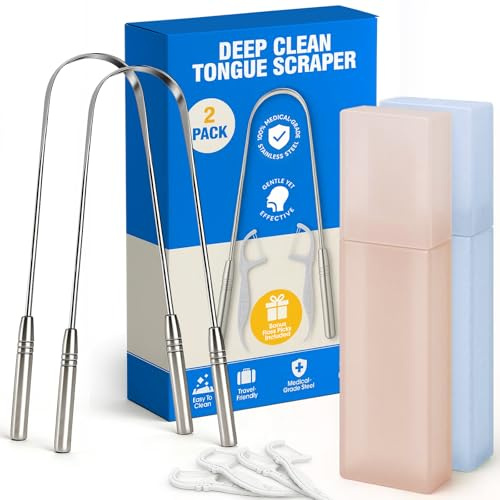 Stainless Tongue Scraper Set for Adults: Easy To Use For Oral Care and Hygiene – Pack Of 2 Stainless Steel Tongue Cleaners, 2 Travel Cases, 4 Floss Picks – Cleaning for Tongue Care & Fresh Breath