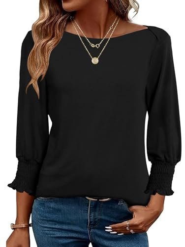 EFFAN Blus damer toppar 3/4 ärmar ubåt urringning toppar elegant casual 2026 sommar bohemisk rund hals tunika skjorta