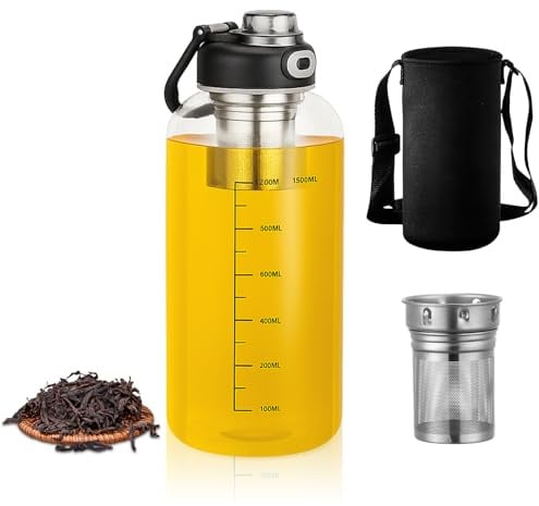 BOUFEIDA Teeflasche mit Sieb, 1,5 Liter Trinkflasche Glas, Trinkflasche Glas 2 Drinking Ways, Unique Lock - Cap Design, Wiederverwendbar Glasflasche 1,5 Liter Glass Bottle