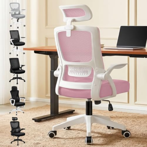 ELFORDSON Ergonomic Office Chair, Mesh Desk Chairs with Headrest Lumbar Support, Executive Computer Swivel Chairs with Flip-up Armrests, Comfy Seat, Height Adjustable, Rocking for Home, White & Pink