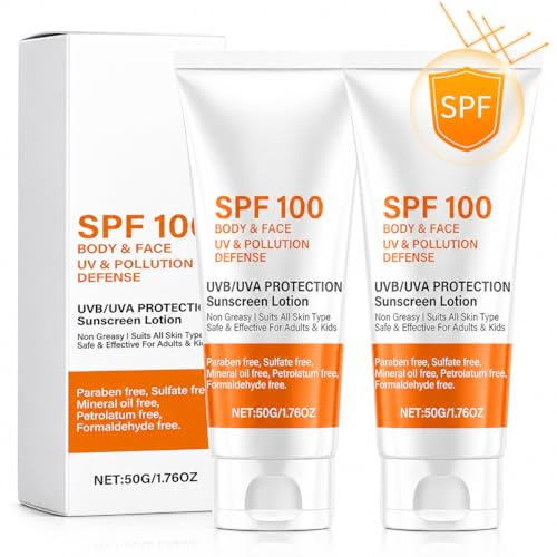 Sonnencreme LSF 100,2 Stück Sonnencreme Gesicht SPF100,Sunscreen für Gesicht & Körper mit UVA/UVB-Schutz,Sonnenschutz Lotion,Anti-Aging Effekt durch Make-up geeignete Feuchtigkeitspflege