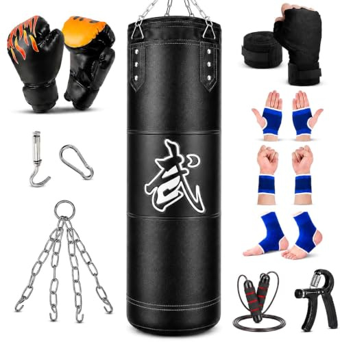 Boxsack Set 120 cm für Erwachsene mit Boxhandschuhen und Zubehör | Oxford-Stoff, Mit Deckenhaken, Ketten, Boxhandschuhen, Handtrainer, Springseil, Für MMA, Karate, Kickboxen, Boxen, Ungefüllt