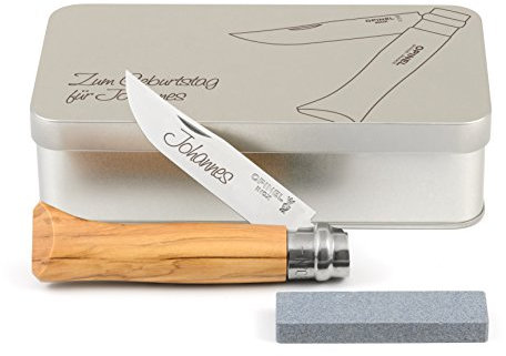 Opinel No.8 Olivenholz Taschenmesser Geschenkdose inkl. Schleifstein und Wunschgravur auf Klinge + Dose