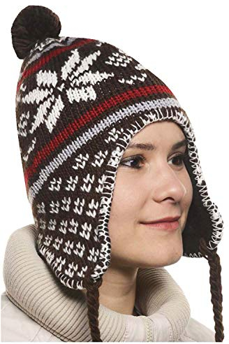 Bonnet Péruvien Chullo ch'ullu avec Pompon Mixte Homme/Femme Couleurs au Choix (Marron 3)